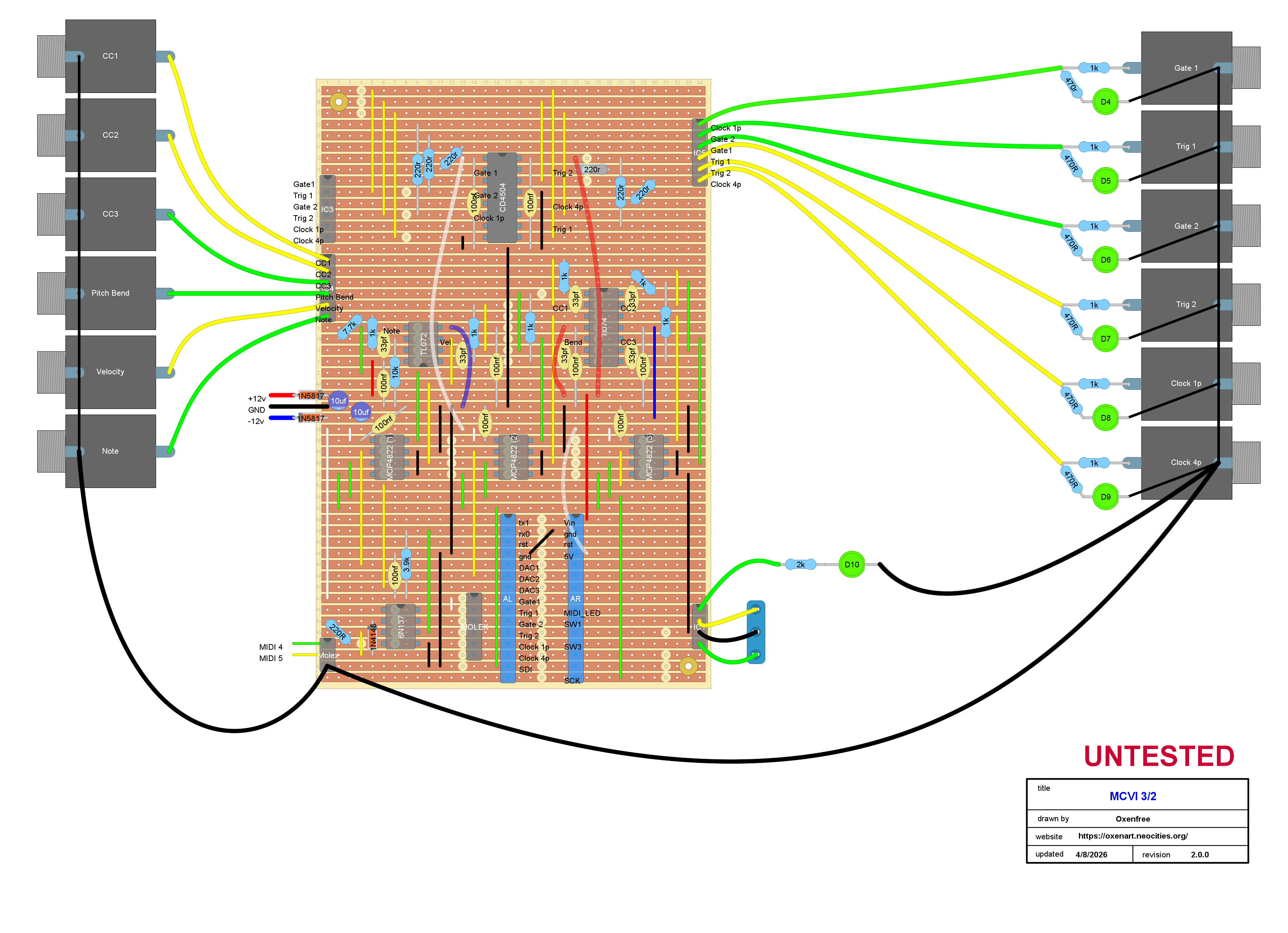 A stripboard layout for a MIDI to CV module